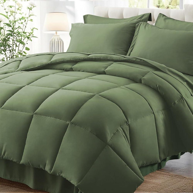 Zzlpp Queen Comforter Set 7 Pieces, Olive Green Bed in a Bag Bedding Set with 1 Comforter, 2 Pillow Shams, 2 Pillowcases, 1 Flat Sheet,1 Fitted Sheet with Pockets