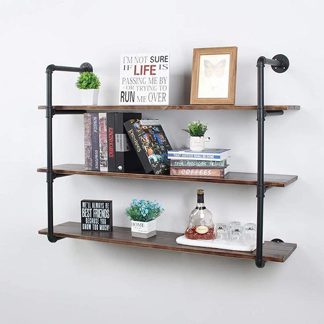 Industrial Pipe Wall Shelf,3-Tiers Wall Mount Bookshelf,44in Rustic Wall Mount Shelf,DIY Storage Shelving Floating Shelves,Rustic Pipe Shelving Unit,Wall Book Shelf for Home Organizer