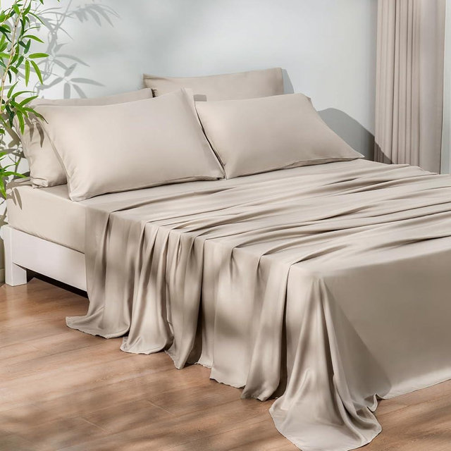 PHF 6PCS 100% Rayon Derived from Bamboo_ Sheets Set Queen Size,Cooling Sheets for Hot Sleepers,Wider Elastic Band & 16" Deep Pocket,Luxury Silky Soft Breathable Bedding Set & Pillowcase, Light Taupe