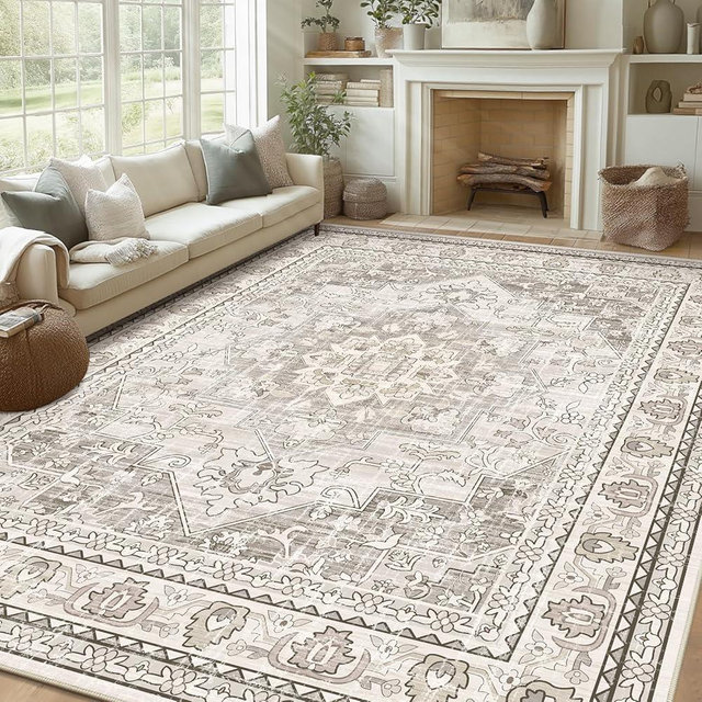 Findosom 8x10 Area Rugs for Living Room, Non-Slip Soft Washable Rug with Vintage Medallion Pattern, Low Pile Faux Wool Large Boho Rugs for Bedroom, Ding Room, Entryway and Home Decor, Beige