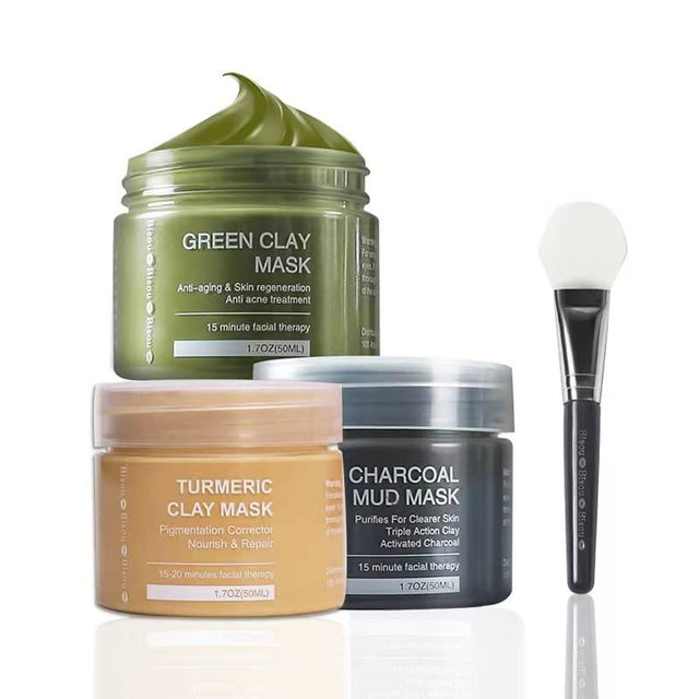 Bisou Bisou Bisou Turmeric Clay, Dead Sea Mud & Charcoal Gel Face Mask Trio With Applicator, Deep cleansing Clay and Mask Applicator, Facial Therapy PH Balanced Hypo-allergenic (3 Sets Mud Mask)