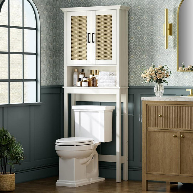 Baztin Over The Toilet Storage Cabinet, Over Toilet Storage Cabinet with Rattan Door and Anti-Tip, Above The Toilet Storage Cabinet for Bathroom Behind The Toilet Bathroom Organizer, Rattan