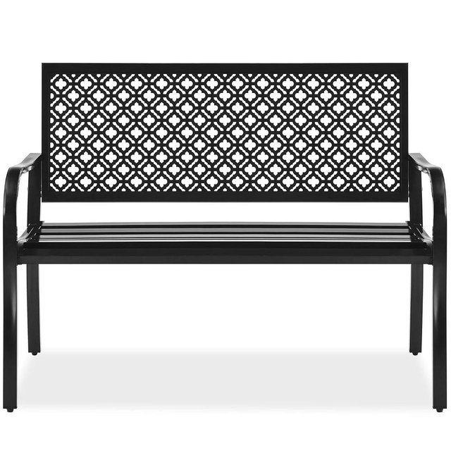 Best Choice Products Outdoor Bench 2-Person Metal Steel Benches Furniture for Garden, Patio, Porch, Entryway w/Geometric Backrest, 790lb Capacity – Black