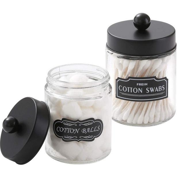 Elwiya Bathroom Apothecary Jars Set, Farmhouse Decor Qtip Dispenser Holder Glass - Rustic Vanity Organizer with Stainless Steel Lids for Cotton Swabs, Rounds, Bath Salts, Ball/Black, 2-Pack