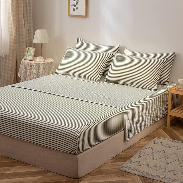 JELLYMONI Stripe Sheet Set, Extra Soft Bedding Sheets- 16" Deep Pockets, Easy Care, Breathable and Super Comfy, Fade Resistant, Machine Washable, 100% Cotton- 4 Pieces (King，Green Striped)