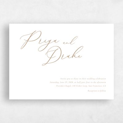 Metallic Bronze, Brown Wedding Invitation - Merlo Landscape Letterpress