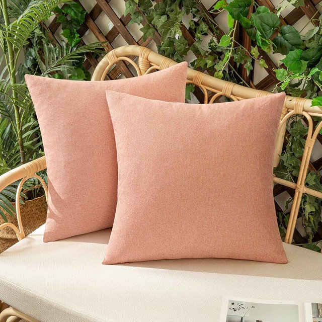 Woaboy Set of 2 Outdoor Waterproof Throw Pillow Covers Valentine Spring Decorative Farmhouse Linen Pillowcases Solid Cushion Cases for Patio Bedroom Living Room Sofa Chairs Blush Pink 18x18 Inch