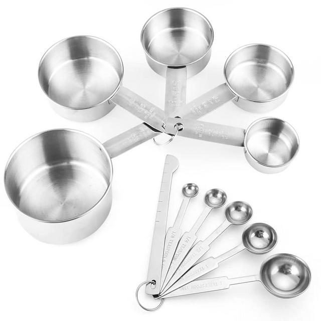 11 PCS Stainless Steel Measuring Cups Spoons Set, 5 Nesting Cups and 5 Stackable Spoons with 1 Leveler Measuring Tools Set for Dry Liquid Ingredients Cooking Baking