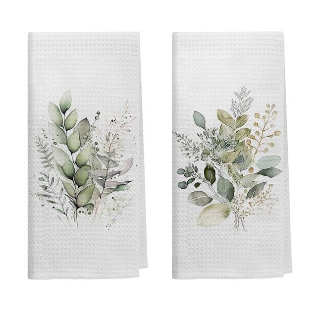 Kemingni Sage Green Eucalyptus Kitchen Towels Set of 2, Watercolor Leaf Decorative Hand Towels for Bathroom, Kitchen Decor, 16x24 Inches