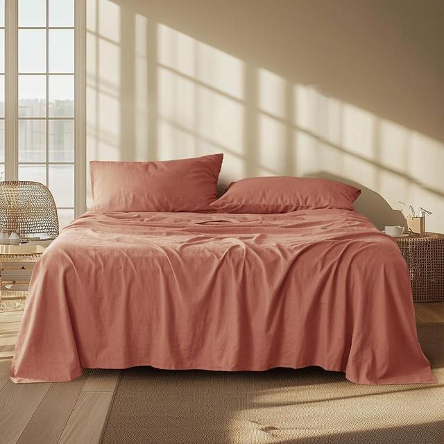 Bedsure Linen Sheets - Linen Bedsheets Queen Size Bed, Blend from Linen Cotton Sheets, Breathable & Soft Cotton Bedsheets, Gifts for All Seasons, 4 Pieces, Aragon Red