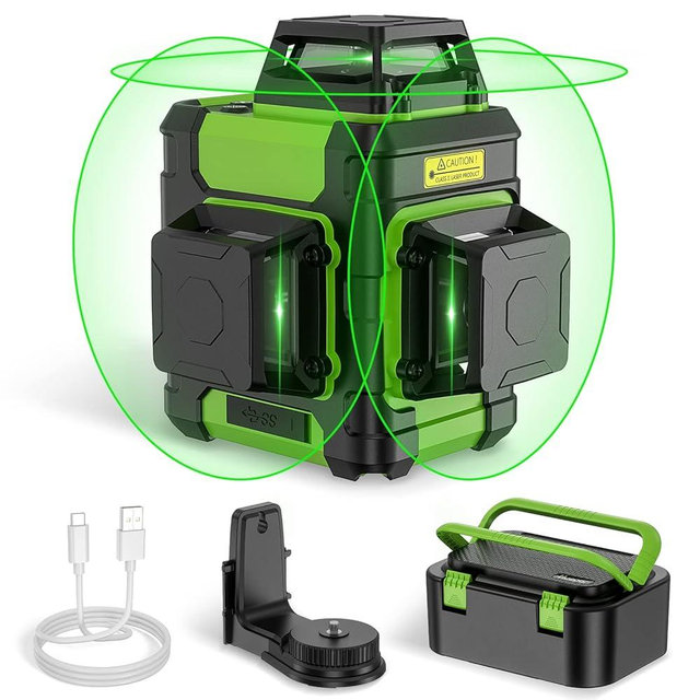 Huepar Laser Level 360, Self Leveling Rechargeable Green Beam 3D Cross Line Laser Level 3 x 360 Level Laser Tool for Construction with Pulse Mode, Strong Magnetic Bracket & Hard Carry Case - HM03CG