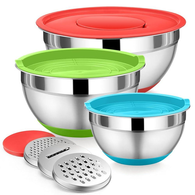 P&P CHEF Mixing Bowls with Lids Set, Stainless Steel Mixing Nesting Bowl with Colorful Lids for Salad Preparing, 3 Grater Attachments & Non-Slip Bottoms, Size 1.5/2.6/4.6 QT