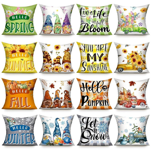 Preboun 16 Set Seasonal Pillow Covers 18 x 18 Inch Fall Winter Throw Pillow Covers Spring Summer Couch Pillow Covers Pumpkin Gnome Sunflower Plaid Cushion Case for Home Farmhouse Holiday Decor