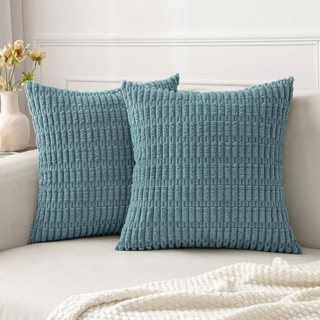 MIULEE Pack of 2 Corduroy Decorative Throw Pillow Covers 18x18 Inch Soft Boho Striped Pillow Covers Modern Farmhouse Home Decor for Spring Sofa Living Room Couch Bed Blue Gray