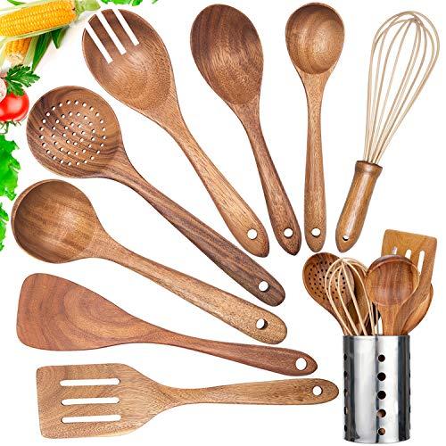Kitchen Utensil Set Wood,9 Pack Wooden Cooking Utensils with Holder, Natural Teak Wooden Spoons for Cooking,Wooden Spatula,Turner,Strainer,Ladle,Egg Whisk,Slottled Spoons
