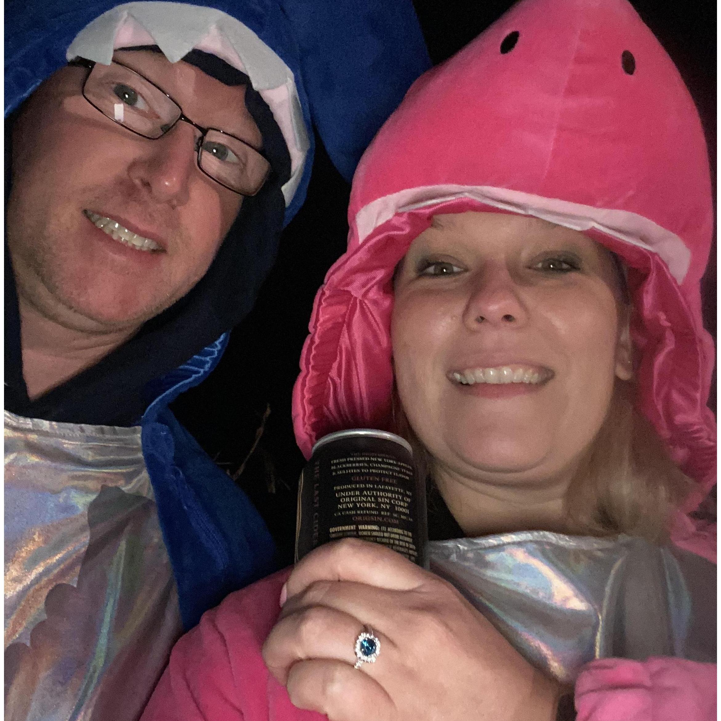 Engagement night.. Yes, we were sharks (apparently part of the baby shark family....) and you know what it was cold outside,  but we were warm. :)