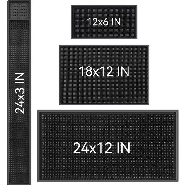 Bar Mat Spill Mat for Cocktail and Coffee Bar Set of 4 Nonslip Flexible Rubber Bar Service Spill Mat Barber Mats Dish Drying Mat (24" x 12"+18" x 12"+23" x 3"+12" x 6" Black)