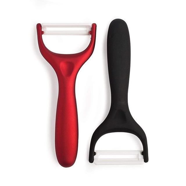 Cooking Light 2 Piece Set Ceramic Ultra Sharp and Durable Blades, Ergonomic Handles, Vegetable Peeler for Kitchen, Dishwasher Safe, Black/Red