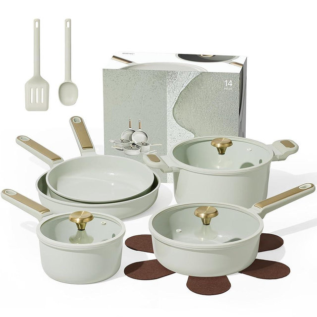 CAROTE Ceramic Cookware Set Nonstick, 14pcs Pots and Pans Set Nonstick, Non-Toxic & PFAS-Free, Dishwasher/Oven Safe, RV/Camping Cookware Set, Cooking Pots with Lids, Green