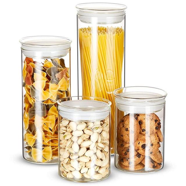 ZENS Airtight Glass Canisters, Set of 4 Kitchen Storage Jars with Clear Lids, Wide Mouth Cylinder Containers with Screw Designed Silicone Ring for Snacks Pasta 27/55/65.5oz
