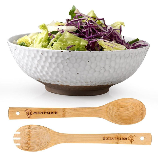 Wgtalation Large Ceramic Dinner Bowl Set - 2-Piece Handmade Salad Bowl Set, 58 oz Each, Dishwasher and Oven Washable, Vanilla White 9.5”