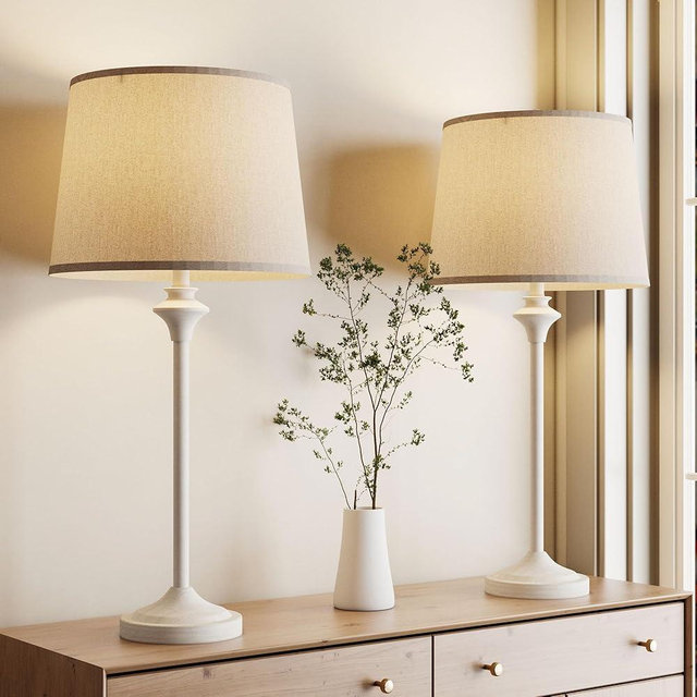 Maxax Farmhouse Table Lamps Set of 2 for Living Room, Antique White Metal Buffet Lamps with Oatmeal Shade Decor, 26" Tall Skinny Bedside Nightstand Lamps for Bedroom