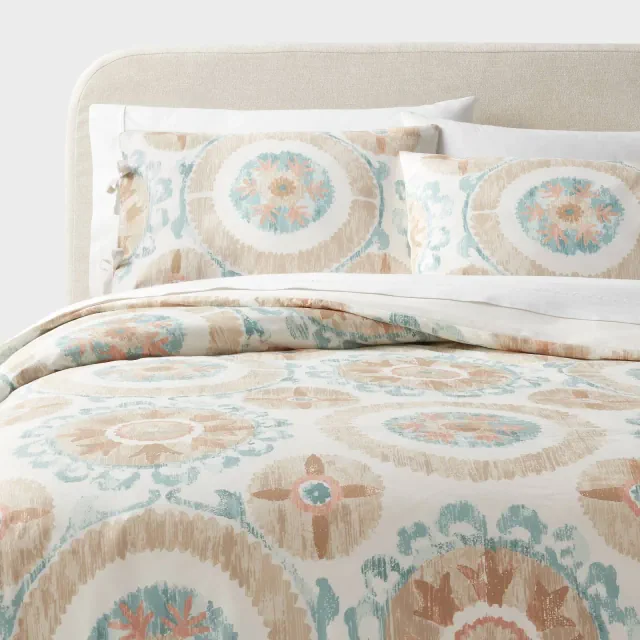 Full/Queen Suzani Print Duvet Cover and Sham Set Ivory/Light Teal Blue - Threshold™: 310 Thread Count Cotton Sateen, Zippered