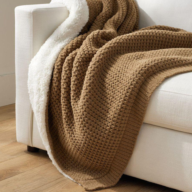 Chenille Waffle Sherpa Back Throw, 50" x 60", Tobacco