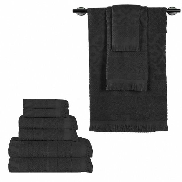 Cotton Geometric Jacquard Plush Soft Absorbent 9 Piece Towel Set, Black - Blue Nile Mills