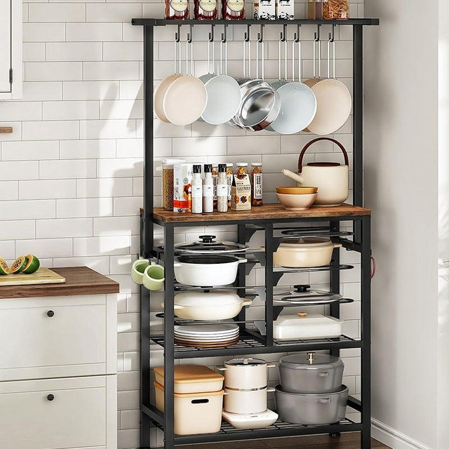 CHOEZON Pots and Pans Organizer Rack, Kitchen Bakers Rack, Multi-Tier Storage Shelf, Kitchen Island Table, Cooking Rack with Pots and Pans Storage, Rustic Brown and Black TPR60BF