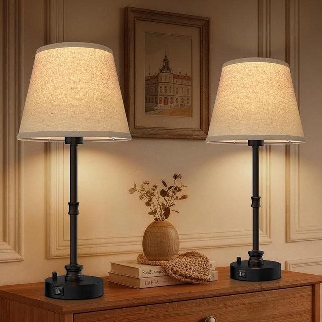 EppieBasic Bedside Table Lamps Set of 2 – 24" Black Bedroom Lamps with USB-A & USB-C Charging Port, 3-Way Rotary Dimming, for Entryway Living Room Nightstand Decor