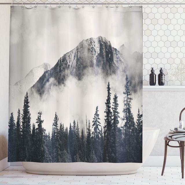 Ambesonne National Parks Home Decor Shower Curtain by, Canadian Smokey Mountain Cliff Outdoor Idyllic Photo Art, Fabric Bathroom Decor Set with Hooks, 70 Inches, Black and White