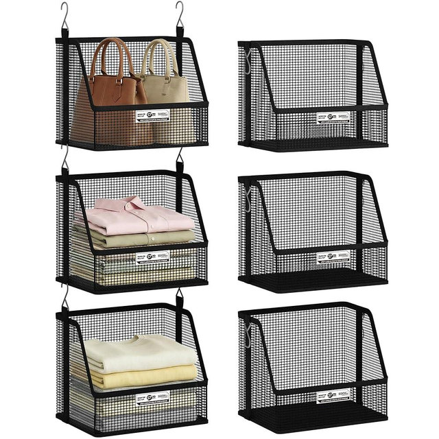 STORAGE MANIAC 3 Tier Hanging Closet Organizer with Mesh Baskets, Clothes Hanging Shelves, Foldable Stackable Storage, Space-Saving Collapsible Basket with Hooks for RV, Dorm, Bedroom, College, Black