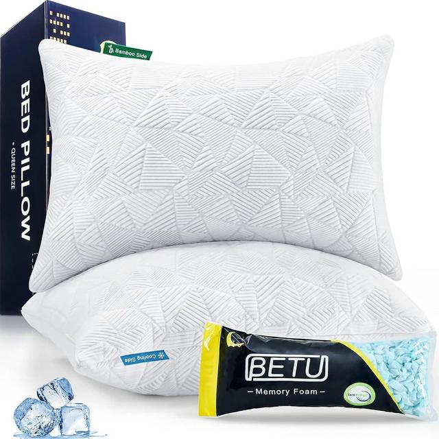 BETU Cooling Pillows Queen Size Set of 2, Shredded Memory Foam Cool Pillows for Hot Sleepers, Adjustable Firm Soft Support Bed Pillows Perfect for Back Neck Pain and Side Sleeping with Cover, White