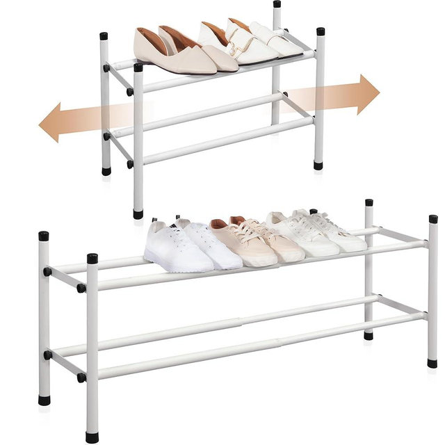 STORAGE MANIAC Expandable Shoe Rack, Stackable Shoe Rack for Closet, Small Shoe Rack Organizer for Entryway, Adjustable Shoe Rack for Garage, Shoe Rack for Front Door, Metal Shoe Rack, White 2 Tier