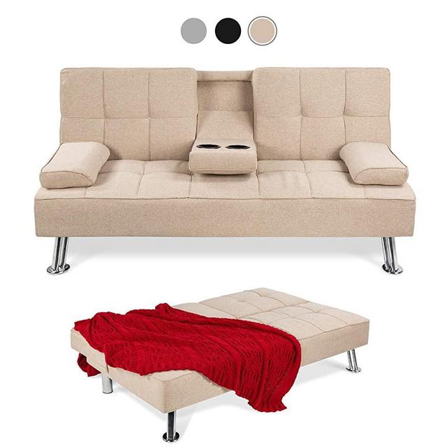 Best Choice Products Modern Linen Convertible Futon Sofa Bed w/Removable Armrests, Metal Legs, 2 Cupholders - Beige