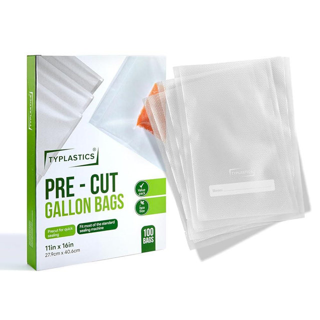 TYPLASTICS Vacuum Sealer Bags for Airtight Food Storage, 1 Gallon Pre-Cut Bags, 100 Count