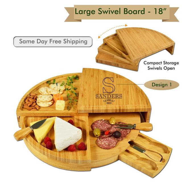 Personalized Charcuterie Board with Knife Set. One-of-a-kind Space Saving Design, Swivels from a Wedge to a Multi Level Round Cheese Board