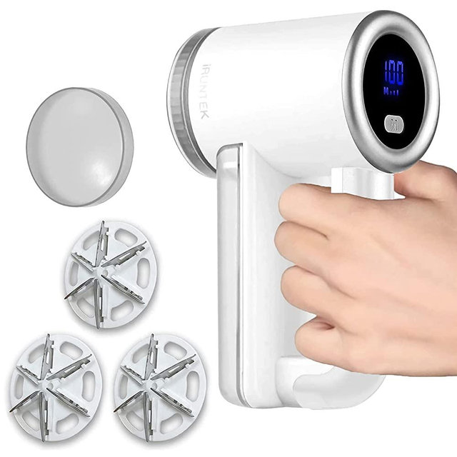 iRUNTEK Rechargeable Fabric Shaver, Lint Remover Shaver for Clothes & Furniture, Sweater Shaver with LED Display & Big Trash Box, 3-Speeds, Replaceable Stainless Steel 6-Leaf Blades, Silver White