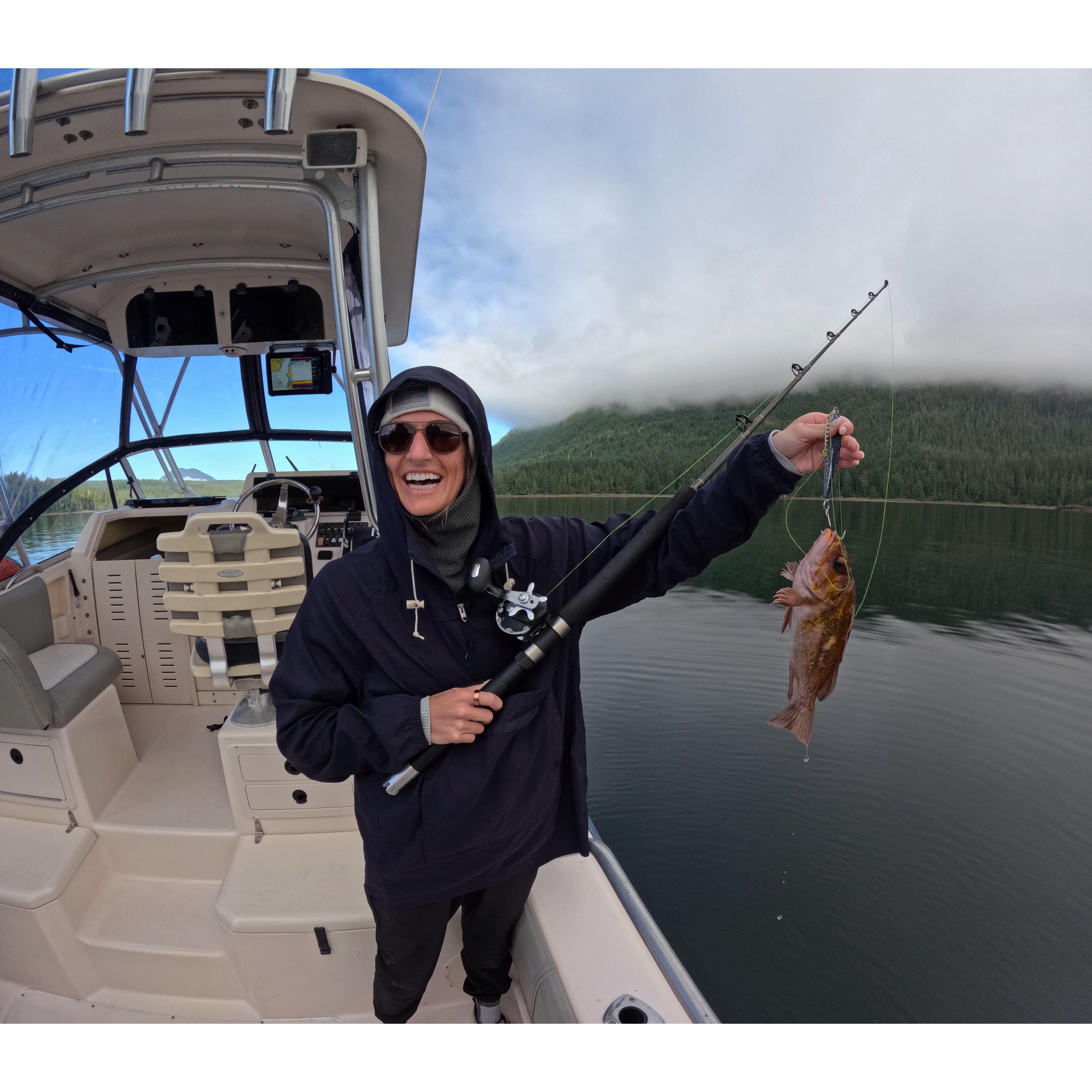 I caught the first edible fish (not this one, but still beat Jake)