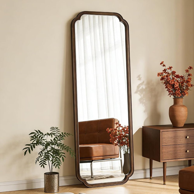HOMECOOKIN Full Length Mirror Wall Mounted, Rustic Wooden Frame Floor Mirror, Rounded Corner Large Full Body Mirror for Bedroom,Dressing Room， Leaning or Hanging Against Wall (Walnut, 71" L x 24" W)