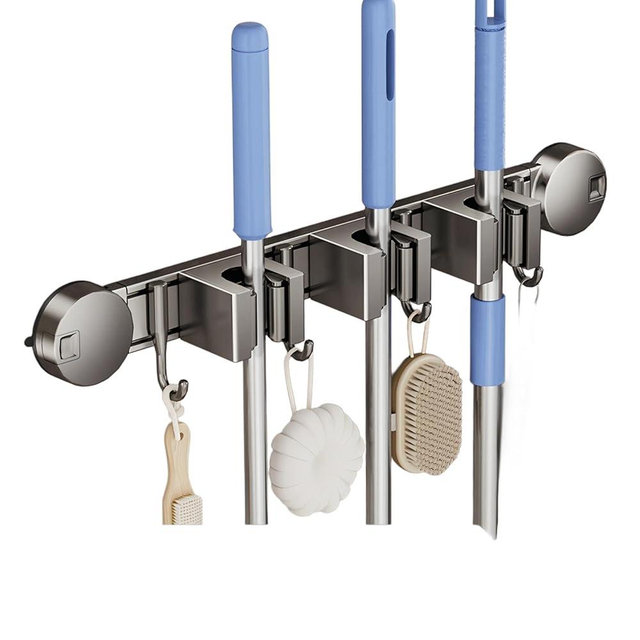 Mop and Broom Holder Wall Mount,Broom Hanger Suction cup With 3 Slots & 4 Hooks,Garden Tool Rack Organizer for for Closet Garage Laundry Room Kitchen Decor (3 Slots & 4 Hooks)