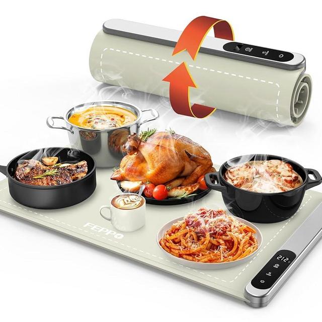 FEPPO Electric Food Warming Mat with 6 Level Adjustable Temperature and 6 Hours Timer, Upgrade High-tech Graphene Heating Film, Fast Full Surface Heating Mat, Roll Up Food Warmers for Parties Buffet