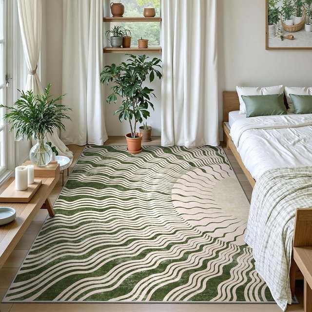 Hedlive Boho Washable Rugs 5x7, Sun Print Soft Green Rug for Bedroom Ultra-Thin Nursery Rug Non Slip, Stain Resistant Living Room Rug for Dining Room Classroom(5'x 7',Green/Multi)