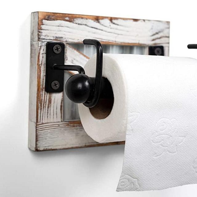 Pats Country Designs Rustic Toilet Paper Holder for Farmhouse Bathroom-Whitewashed Wood Barn Door & Galvanized Decor Toilet Paper roll Holder - Farmhouse Toilet Paper Holder for Rustic Bathroom-