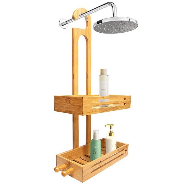 Crew & Axel Bamboo Hanging Shower Caddy Rustproof Made from Natural Bamboo 2 Level Storage Organizer Waterproof & Anti Stain - Over The Shower Head Caddy 27" x 7" x 5"