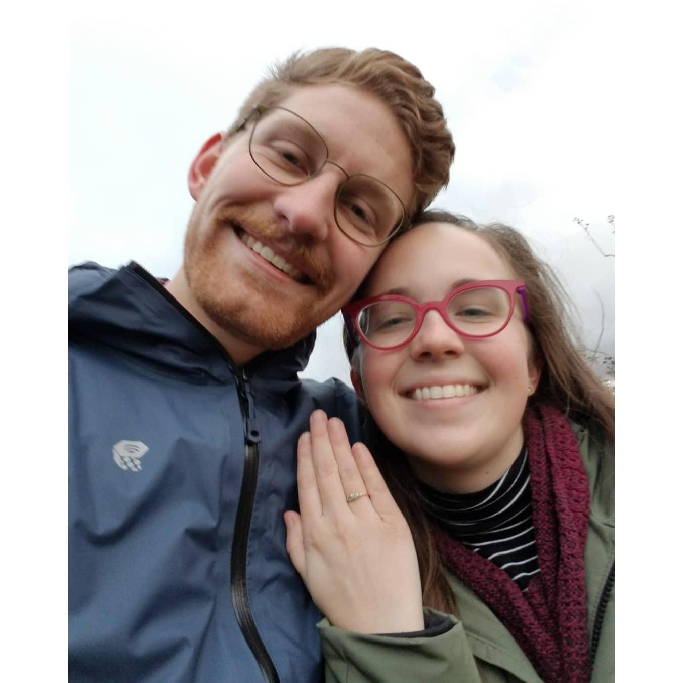 Our first photo together after getting engaged at our favorite park in Seattle, Discovery Park.