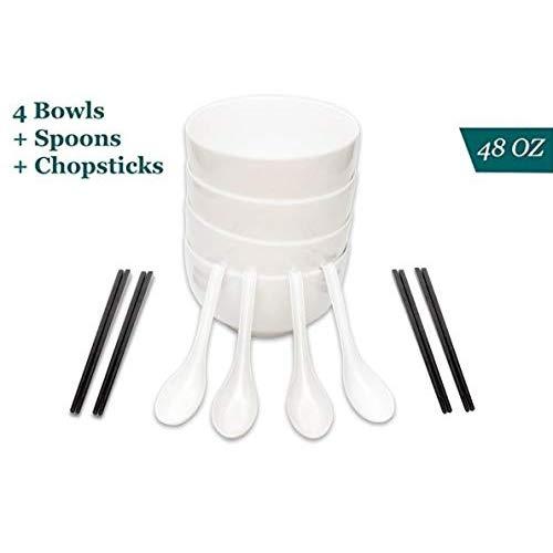Rovatta Ramen Noodle Soup Bowl Set- 12Pcs (4 SETS) 48 Oz Japanese Melamine Ramen (4) Spoons & (4) Chopstick Sets, Dishwasher Safe, Restaurant Quality Ideal For Ramen, Pho, Noodles & All Asian Cuisine