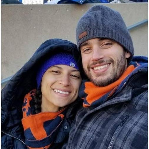 Aislinn freezing her butt off at Matt's happy place, Soldier Field, 2019
