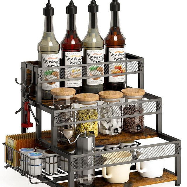 LOTEYIKE 3 Tier Coffee Syrup Rack Organizer, 12 Water Bottles Holder Stand Liquor Cabinet Storage, Wine Rack Countertop Storage Rack Coffee Bar Cabinet for Kitchen
